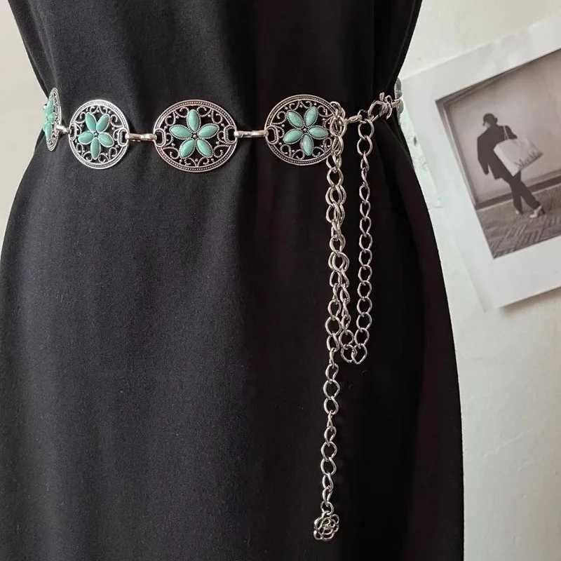 Western Concho turquoise belt suitable for Wenbo River adjustable silver stone chain belt gold belt denim dress jeans X250410