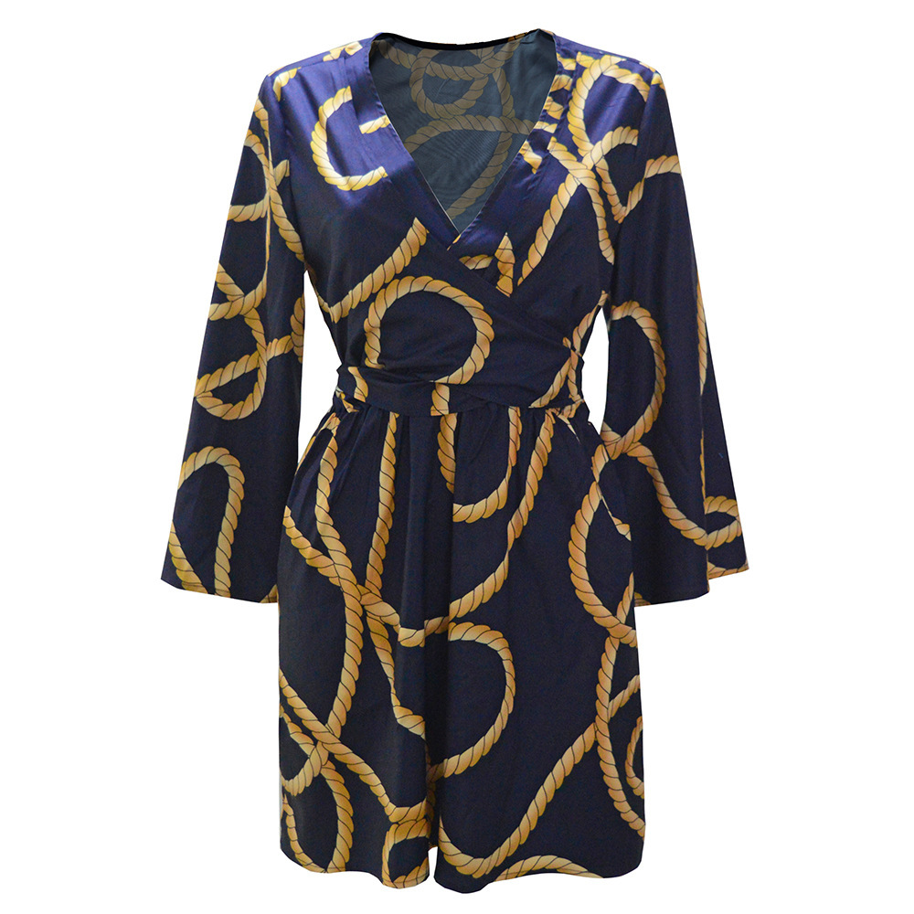 2025 Spring/Summer New Large Women's V-Neck Loose Lace up Print Dress Beach Skirt