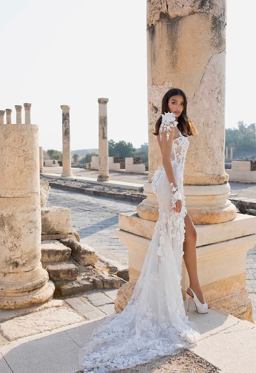 Beach Mermaid Wedding Dresses Thigh High Slit Sheer Neck Lace Floral Appliques Wedding Gowns vestido de novia Custom Made A279