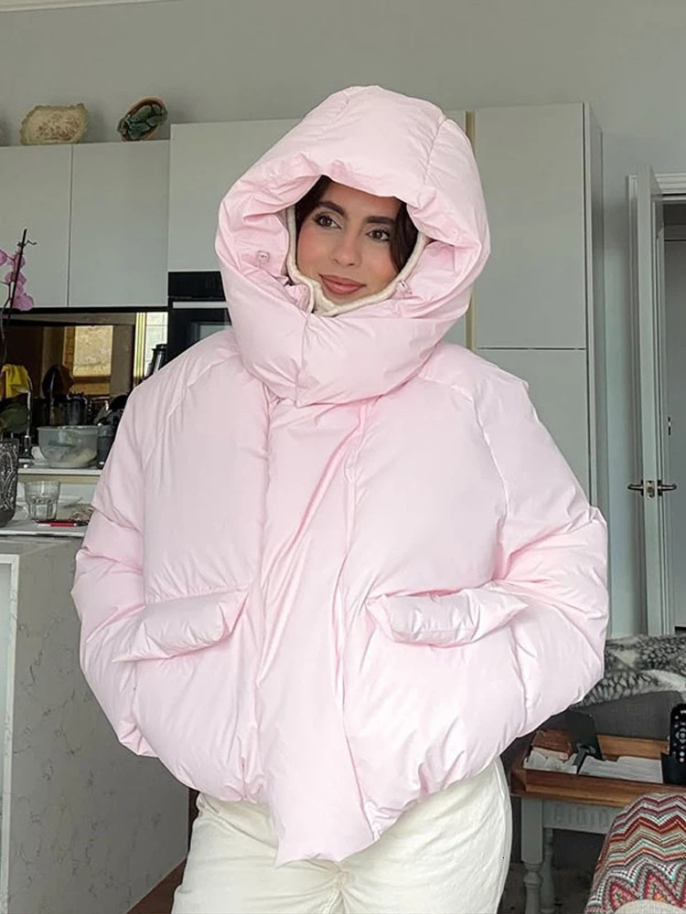 Casual Hooded Padded Jacket Womens Loose Full Sleeves Zipper Pockets Stand Collar Coats 2025 Autumn Winter Ladies Outwear 251107