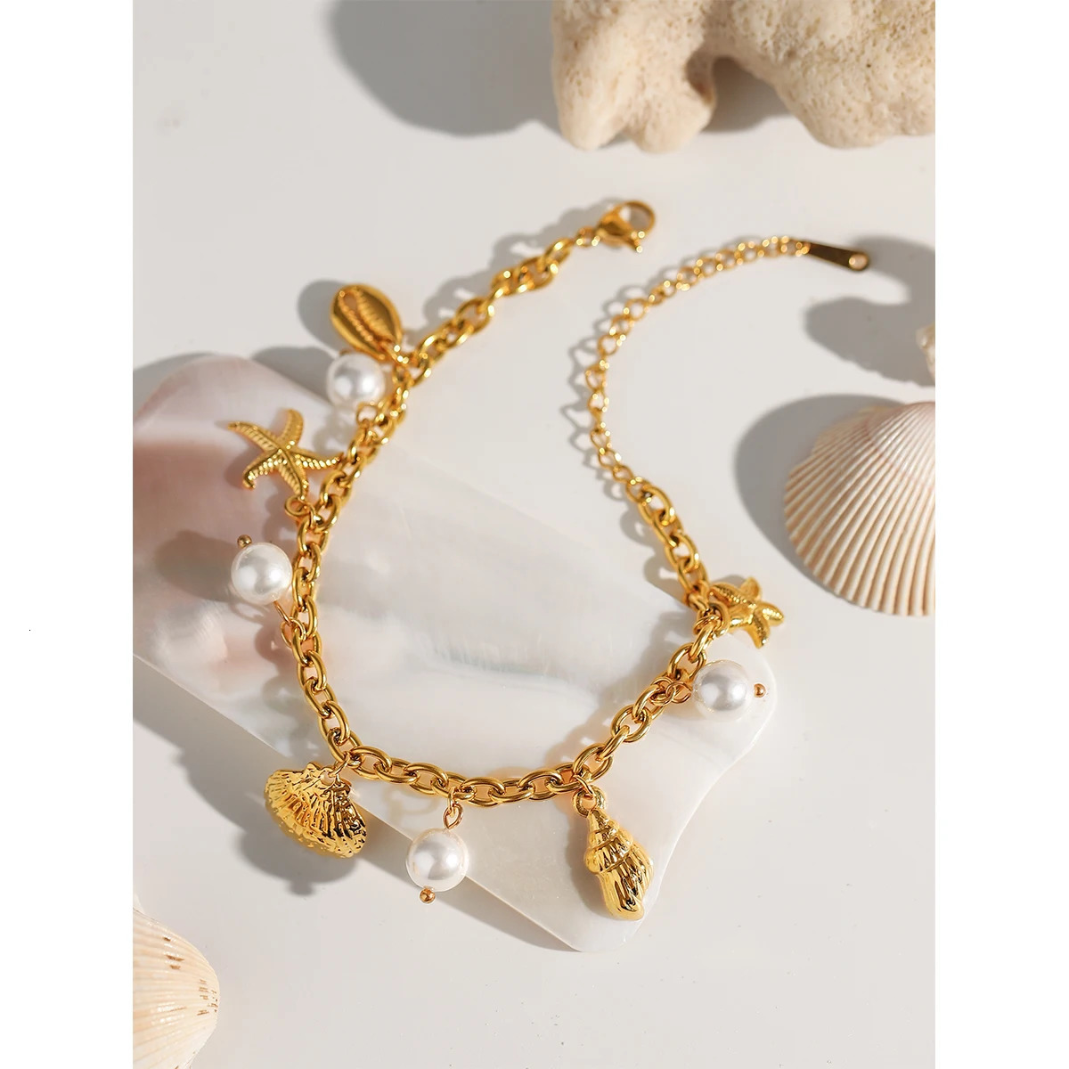 Zora 18K Gold PVD Plated Stainless Steel Pearl Shell Starfish Charm Bracelet Bangle Women Waterproof Beach Jewelrry Gift 250409