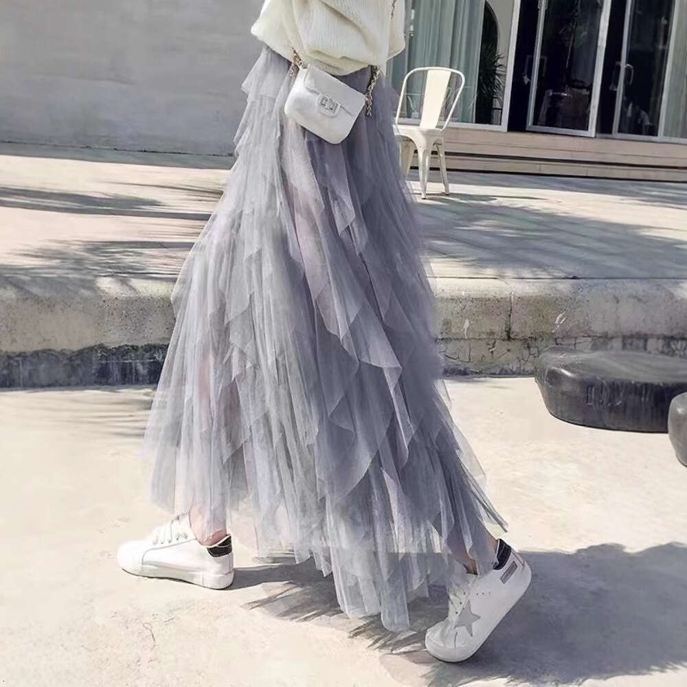 Irregular Mesh Half Spring Summer Autumn Versatile Commuting High Slimming Elastic Waist A-line Mid-length Skirt for Women