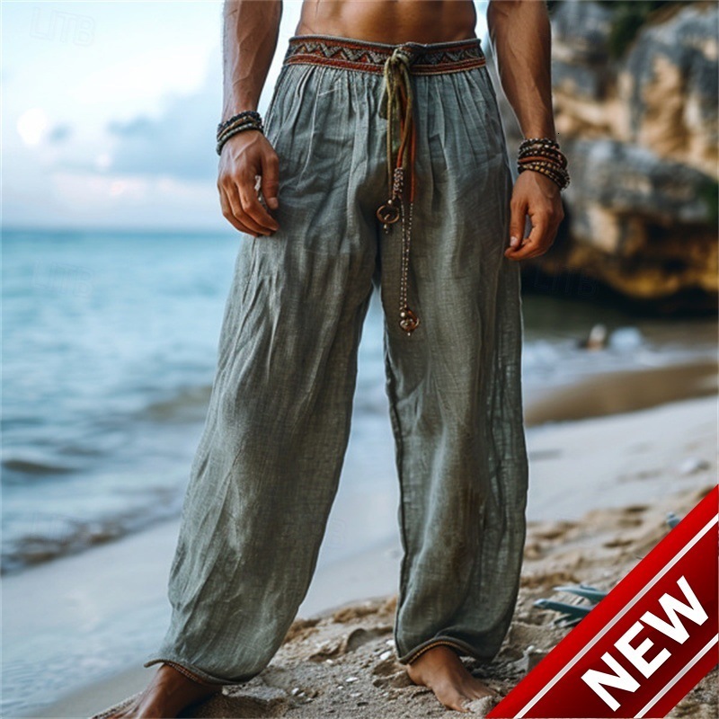 European mens solid color holiday summer loose and breathable pure cotton style mens casual pants