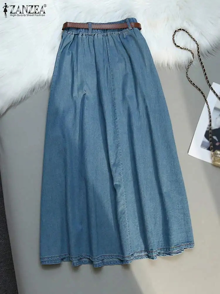 ZANZEA Womens Retro Cowboy Skirt Korean Fashion Elastic Waist Overskirts Autumn Fold Maxi Jupe Casual Loose Solid Faldas 250410