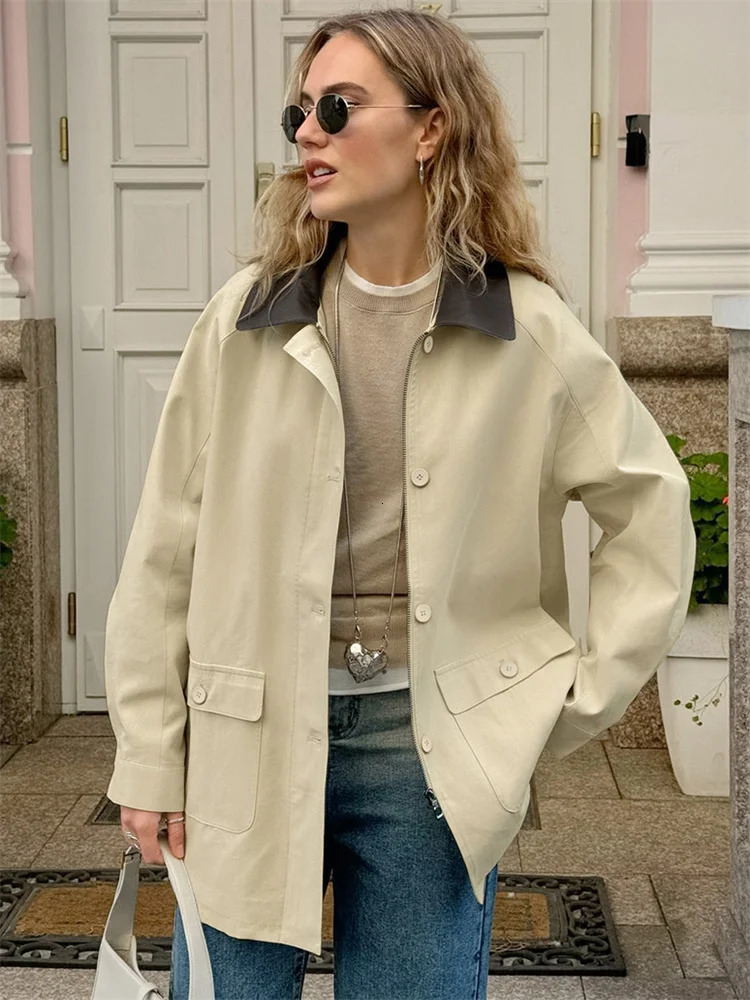 Tossy Fashion Pocket Trench Womens Coat Patch Work Autumn Open Collar Retro Loose High Waist Style 250410
