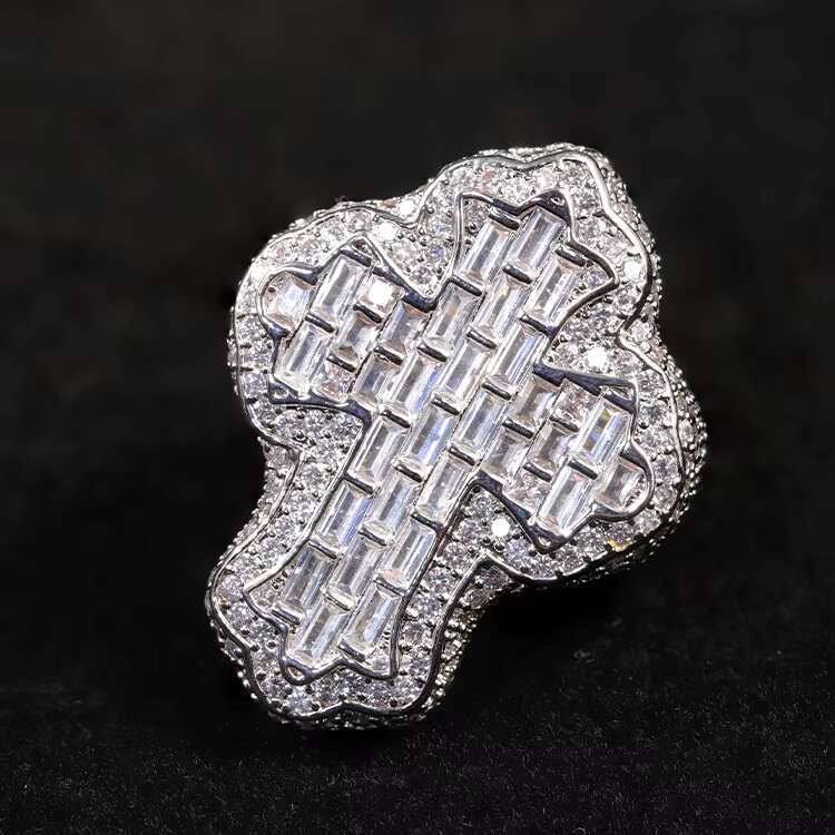 Pass Diamond Tester GRA Moissanite Cross Men Ring Hip Hop Style 925 Silver VVS Baguette Diamond Cuban Link Cross Cuban Rings
