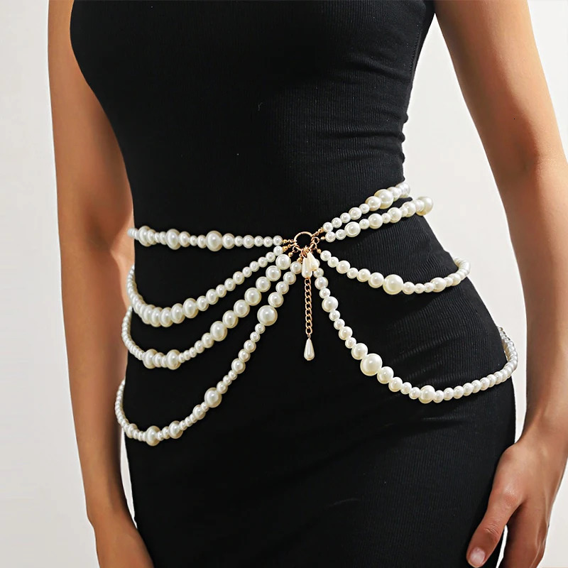 Vintage Multilayer Pearl Tassel Waist Chain for Women Wed Bridal Boho Belly Belt Body Chain Jewelry Accessories 250409