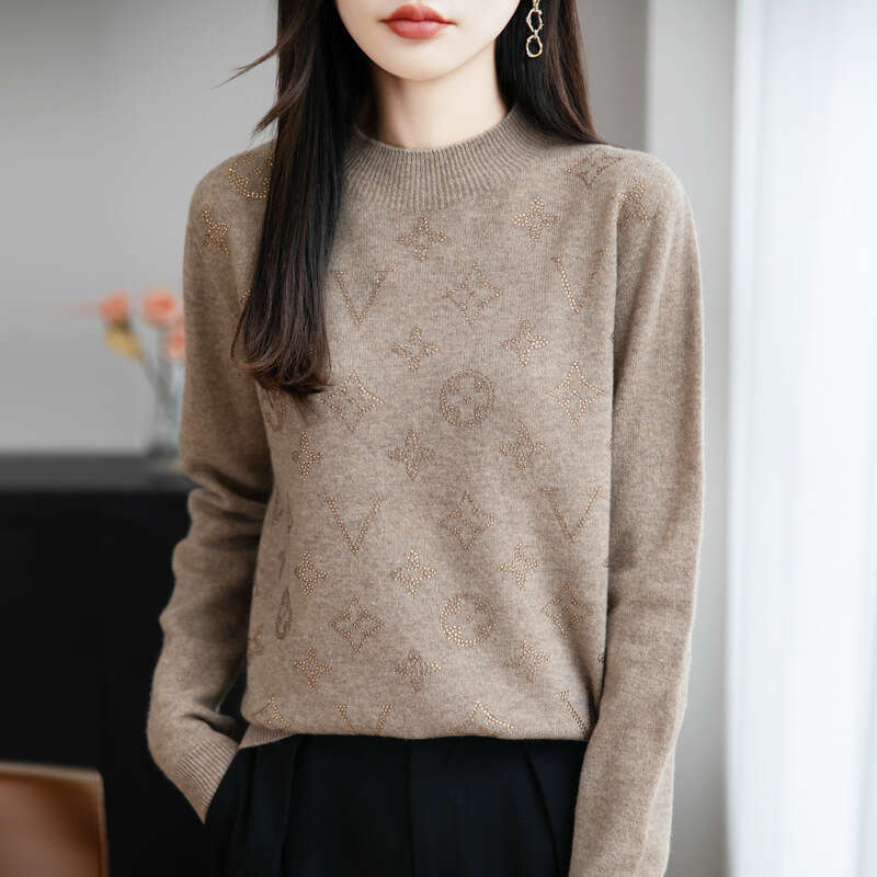 Elegant Knitted Woolen Sweater Half High Collar Slimming Women's Fine Spun Wool Diamond-Encrusted Base Shirt Comfortable Casual