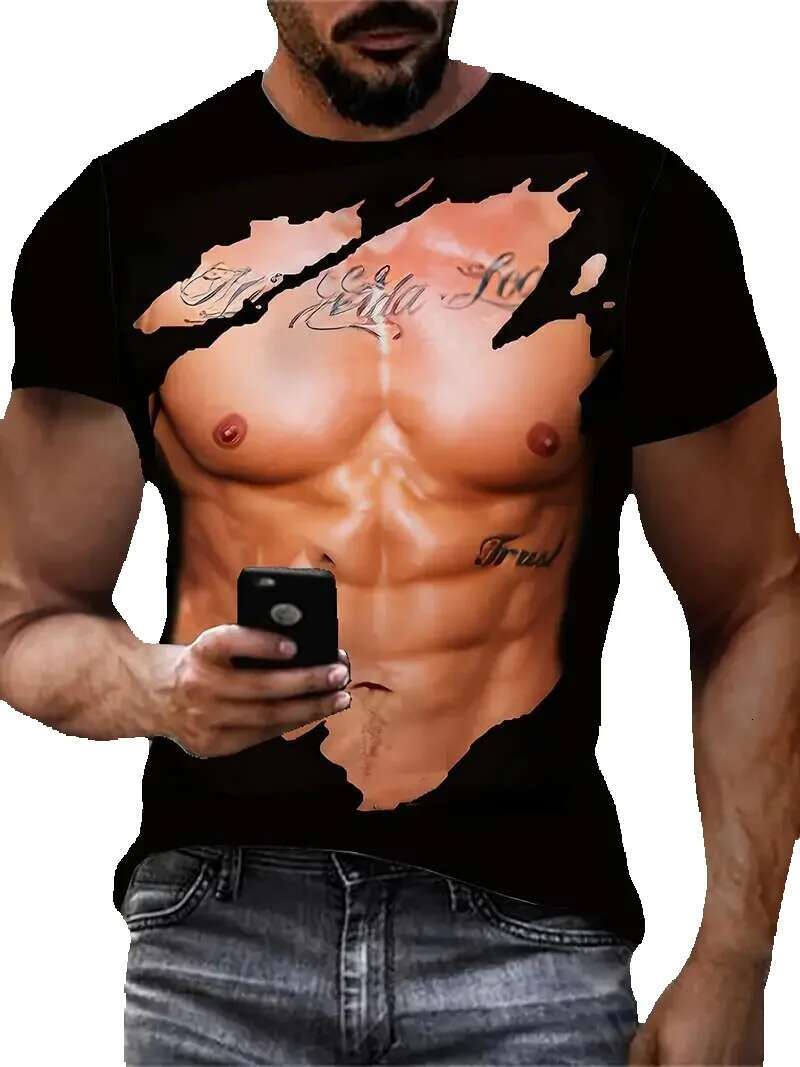 Men's summer clothing, 3D realistic muscle pattern printed T-shirt, casual streetwear style polyester short sleeved round neck T-shirt
