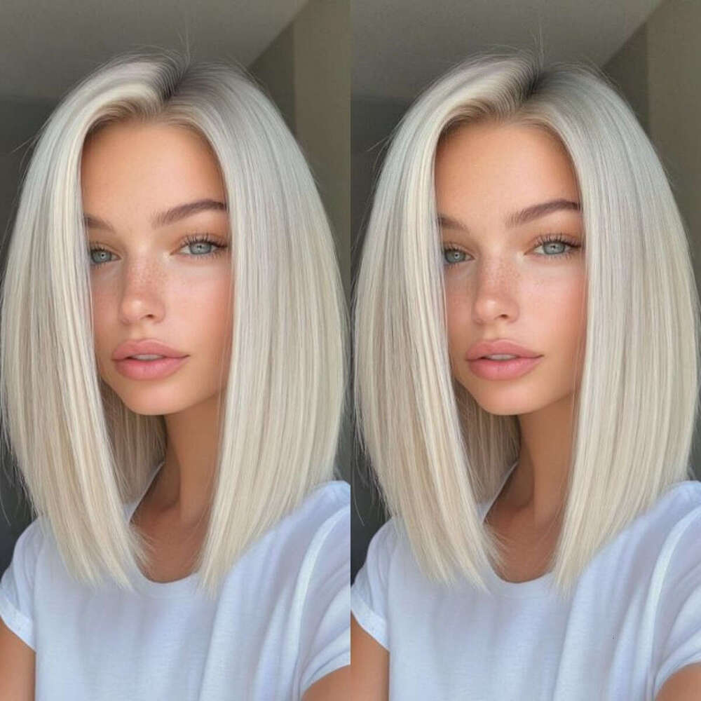 Glueless Human #60 White Platinum Wig HD 13X4 Lace Front Wigs For Women 12 Inch Silky Straight Blonde Bob Hair Pre Plucked And Bleached Knots