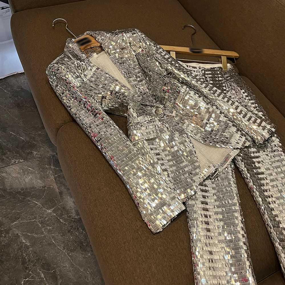 TWOTWINSTYLE Solid Sequin Two Piece Sets For Women Lapel Long Sleeveltop High Waist Pants Elegant Set Female Fashion W251110