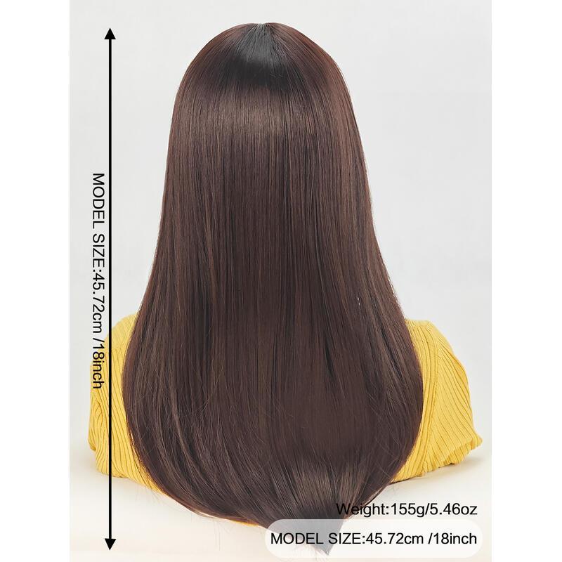 18inch en brown With Bangs Long Wavy Curly Glueless Fringe Unit Heat Resistant Synthetic Middle Part Full hine Made No Lace Scalp Costume Cosplay Hair