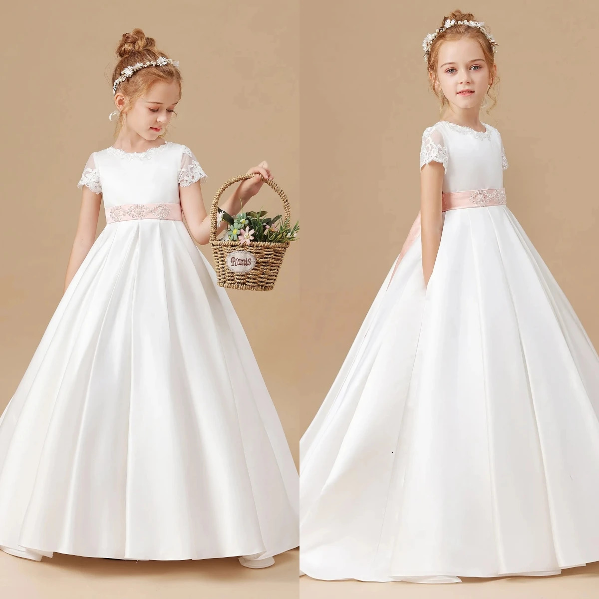 Customized Elegant White Satin First Communication Dress Wedding A-line Flower Girl Dress Pink Bow Princess Childrens Birthday Dress 250403