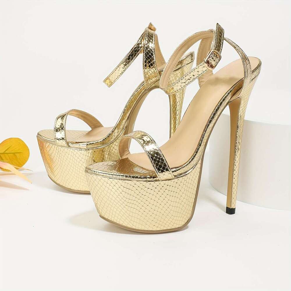 Elegant Golden Snake- Beige-Like High-Heel Sandals Adjustable Ankle Strap With Buckle, Thick Platform Mule Round-Toe PU All-Season S For Parties, Wedd