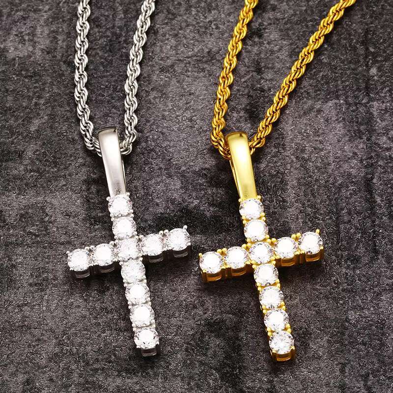 Luxury 5mm Silver 925 VVS D Color Moissanite Jesus Cross Pendant Necklace With Gold Plated Tennis Chain for Parties