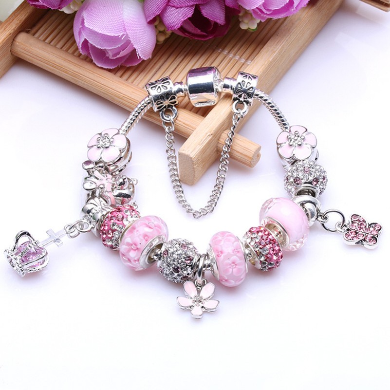 925 Sterling Silver Murano Glass Beads Cherry Blossom Charm Bracelets For Women Original Girls Bracelet Wife DIY Jewelry European Charm Bracelet