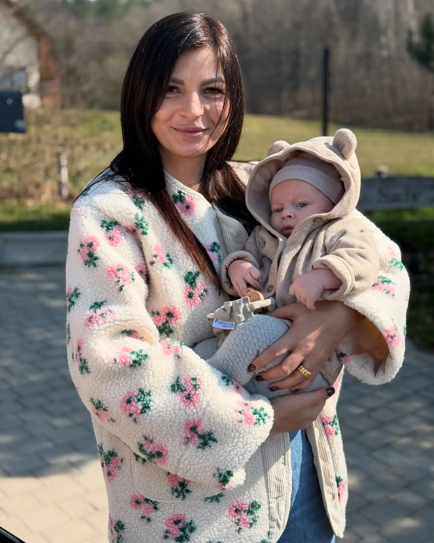 Flower Printed Cropped Fleece Jacket Women Fashion Round Neck Single Breasted Pocket Loose Jackets Lady Daily Autumn Office Coat 251110