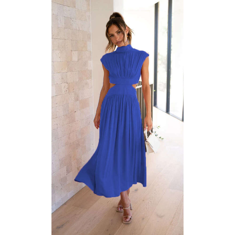 2023 European and American Foreign Trade Sweet Fashion Street Summer New Stand Collar Solid Color Waist-Exposing Long Dress 23003