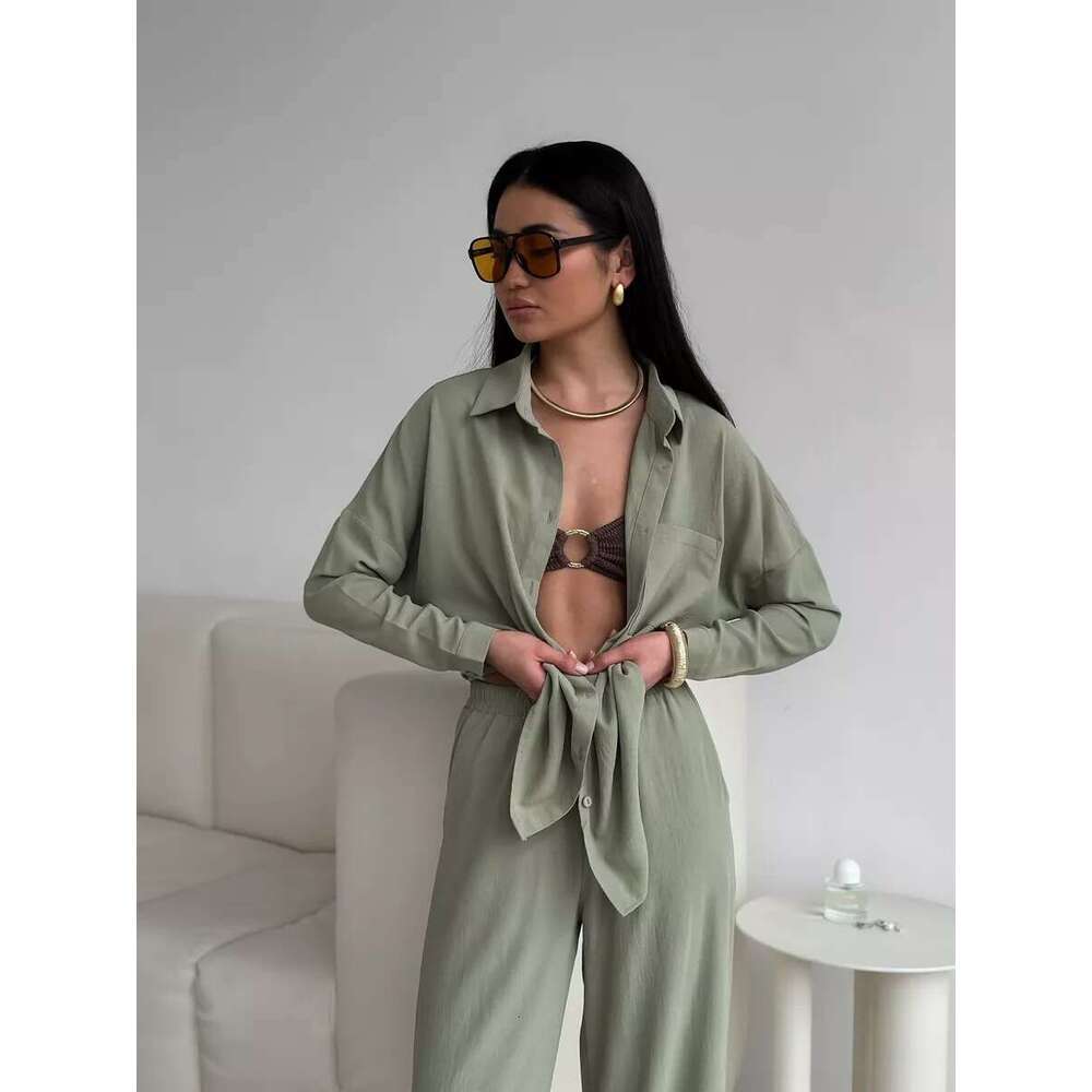 2025 Cross-Border European and American Amazon Women's Solid Color Cardigan Pocket Casual Wide-Leg Pants Set