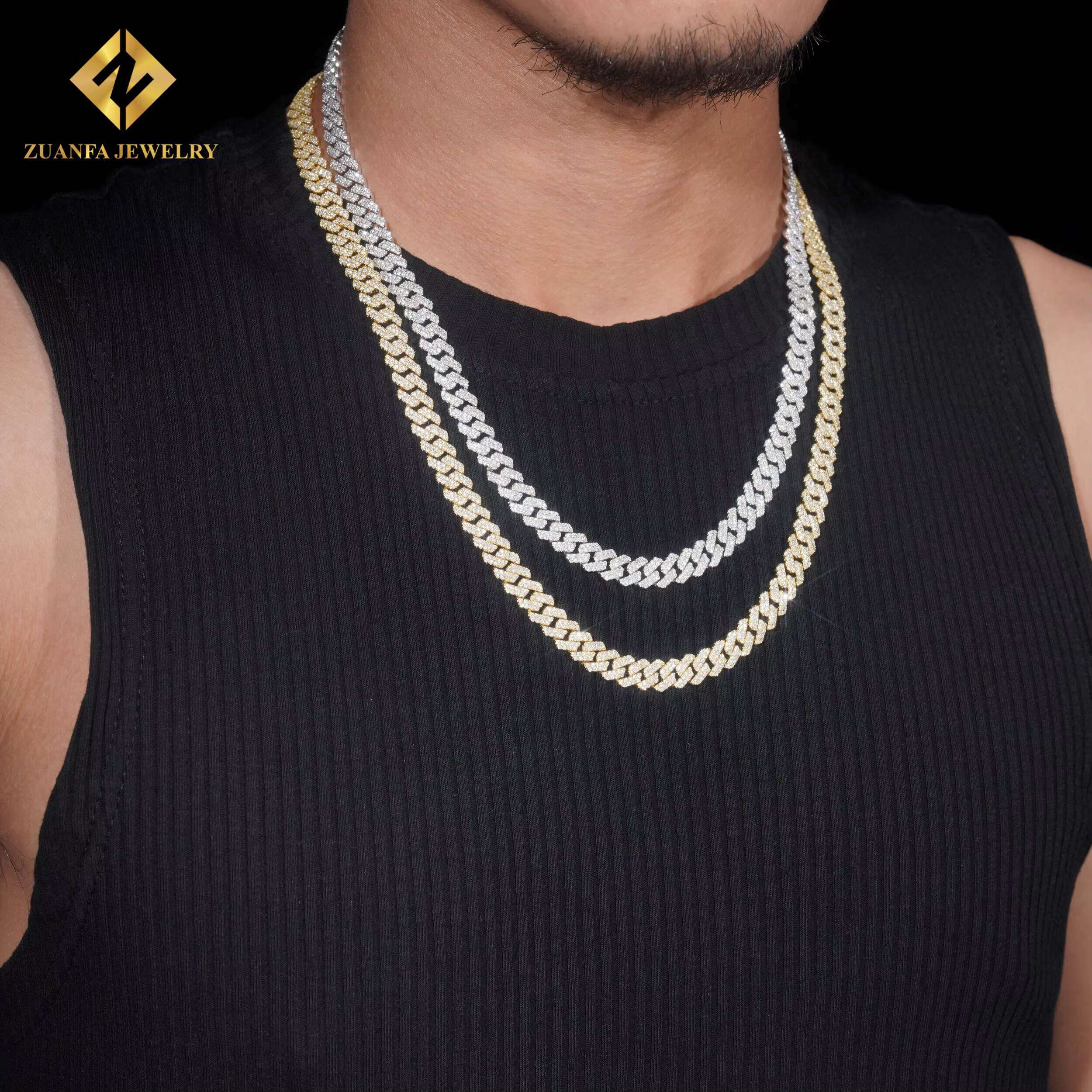 Zuanfa Jewelry Men's Hip Hop Necklace Solid Sier Gold Plated 8mm VVS Moissanite Cuban Chain Buckle