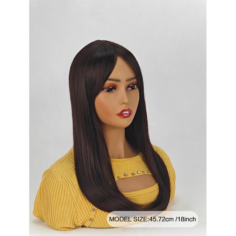 18inch en brown With Bangs Long Wavy Curly Glueless Fringe Unit Heat Resistant Synthetic Middle Part Full hine Made No Lace Scalp Costume Cosplay Hair