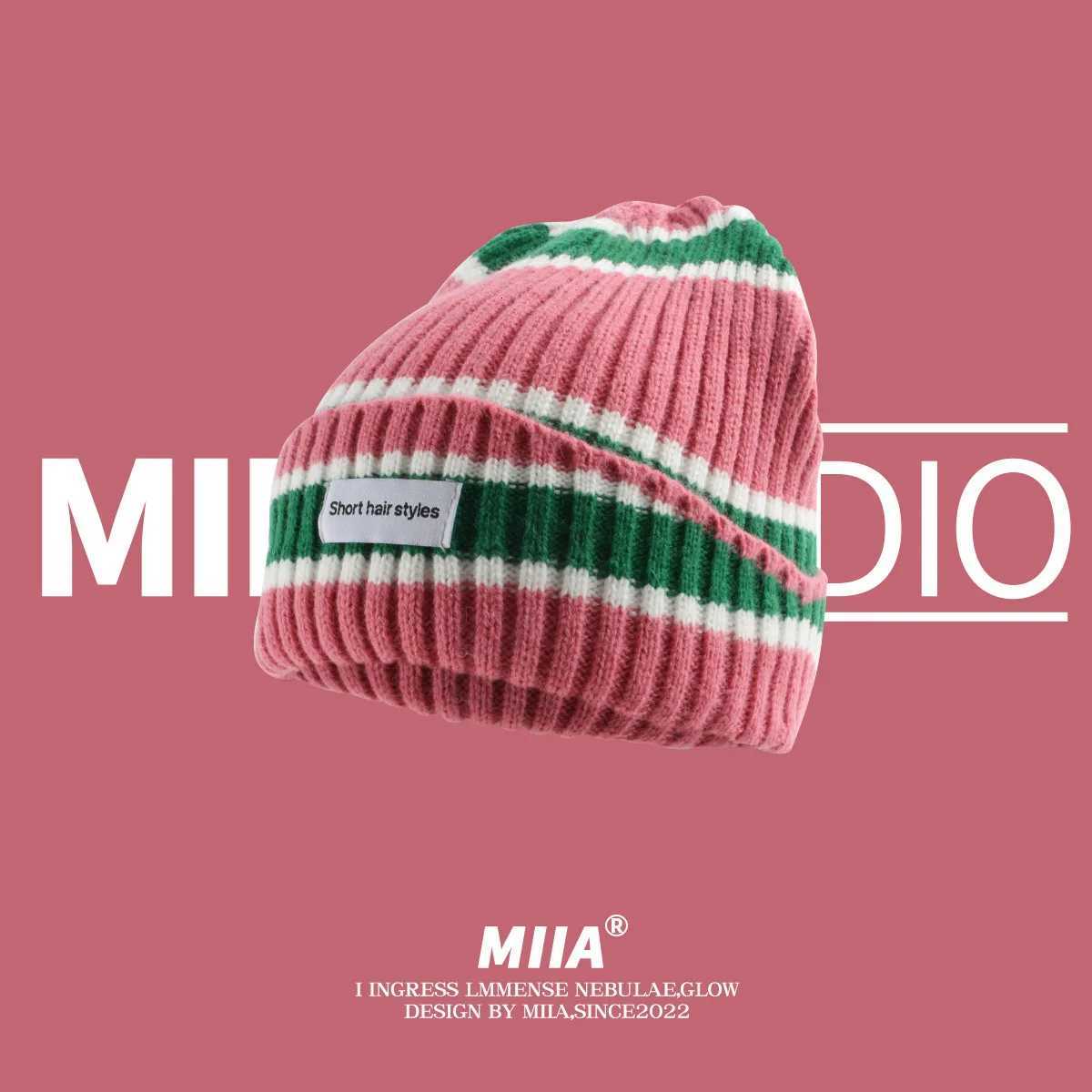 Striped Beanie Winter Hats For Women Knitted Retro Thickened Warm Baggy Cap Trendy Windproof Ear Protector Bonnet FemaleXJ251110