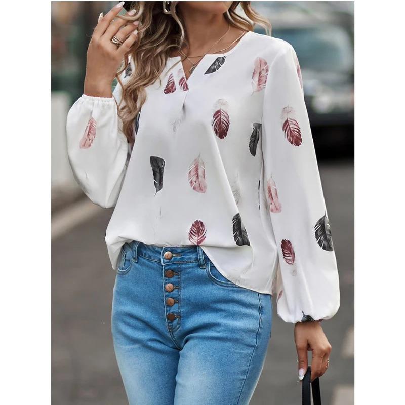 Fashionable womens shirt fashionable womens long sleeved feather patterned womens top elegant chiffon unprinted womens dress 250409