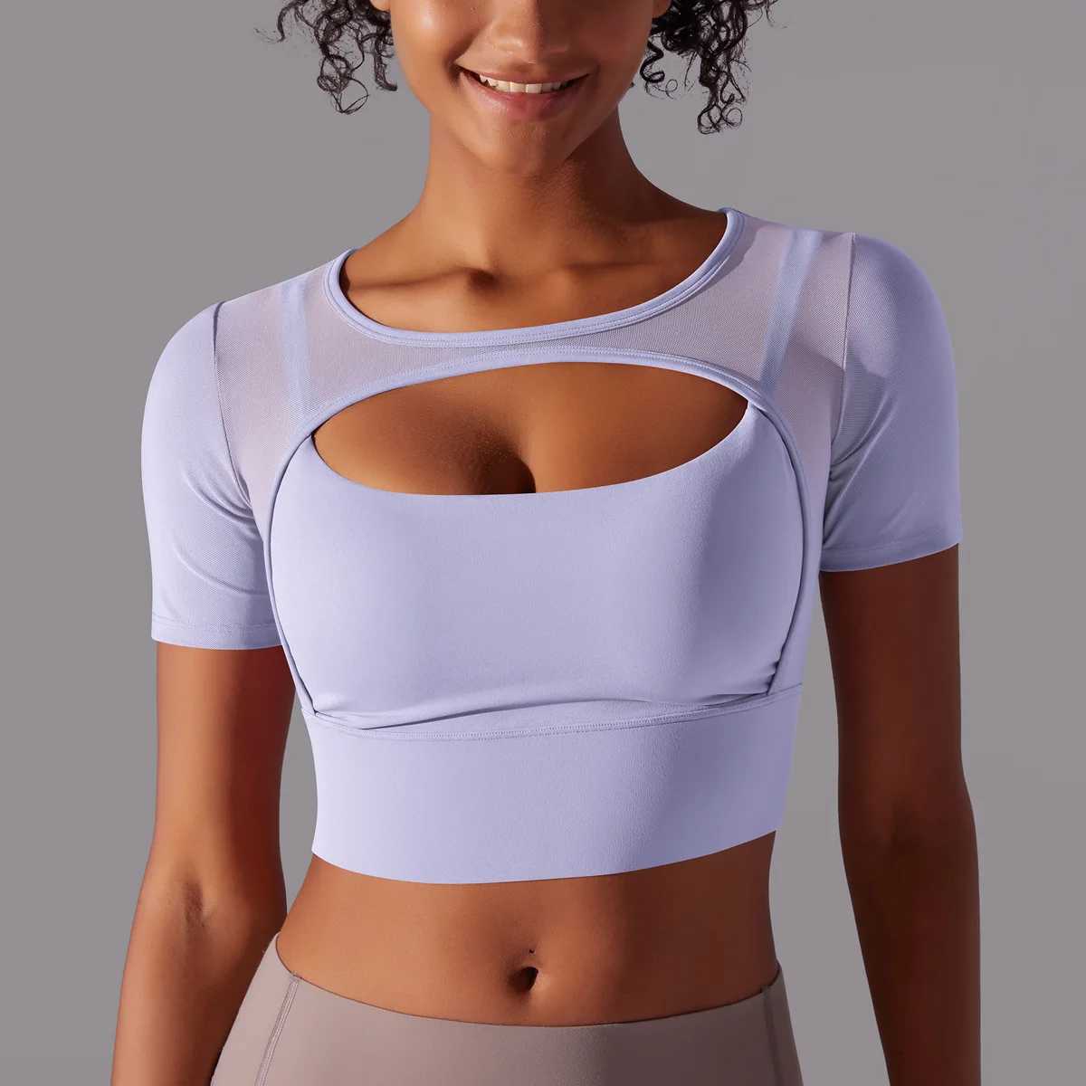 Gutashye Solid Color Patch Mesh Sexy Double Short Sleeve Strap Bra Running Fitness Yoga Exercise Breathable Quick DryingXJ250410