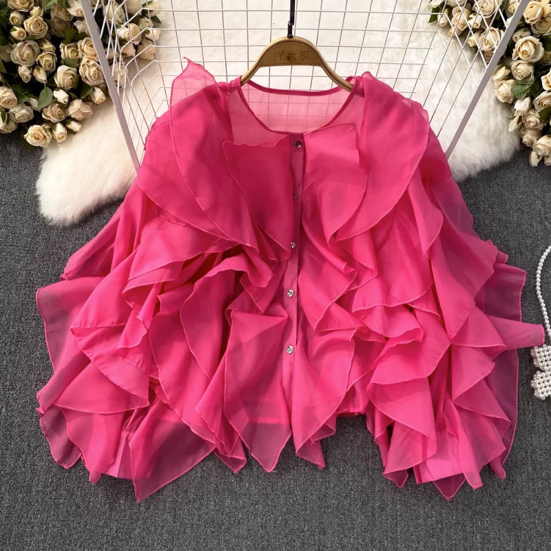Neploe round neck irregular pleated long sleeved loose single chest shirt French sweet and gentle casual womens clothing 250410