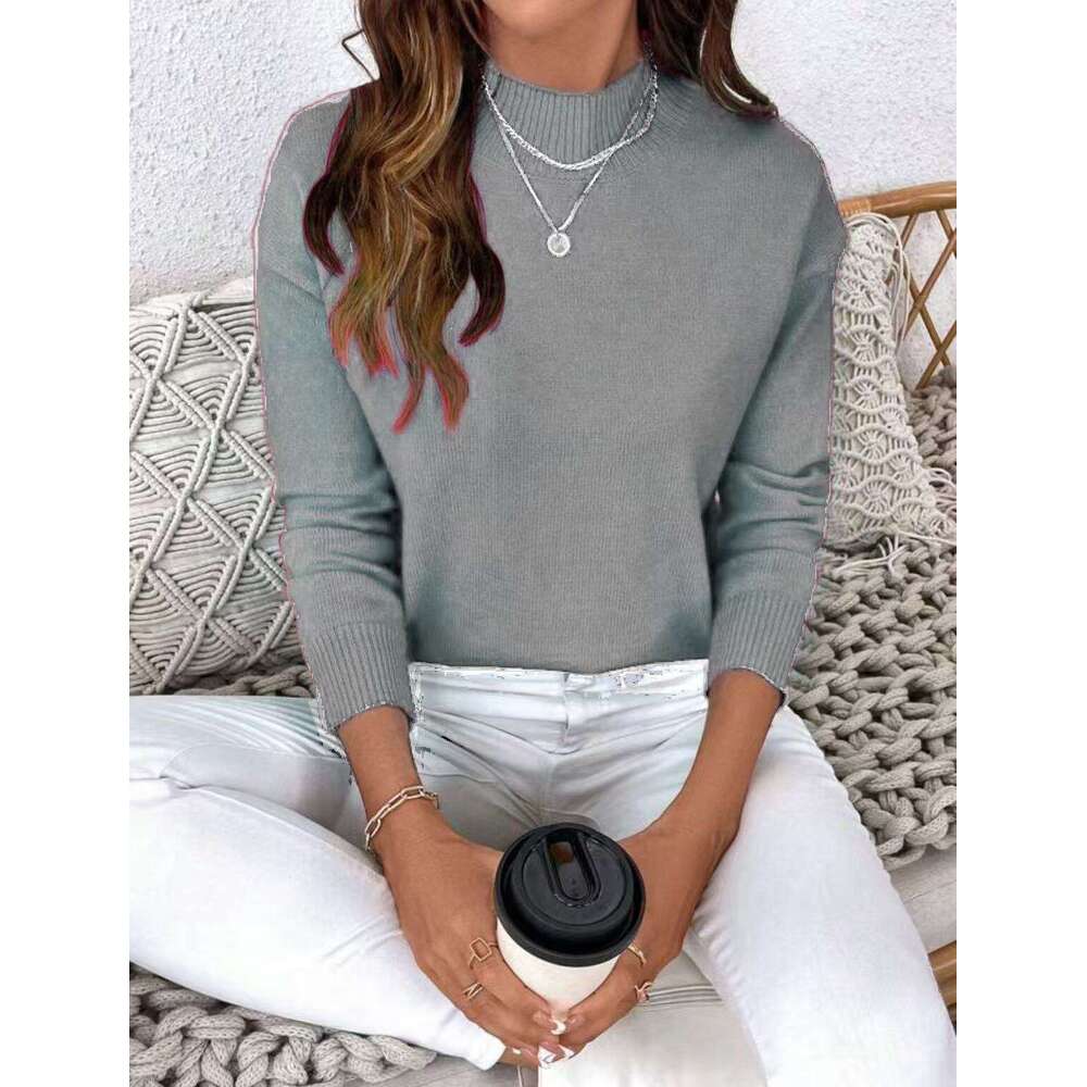 Autumn Winter Half Turtleneck Long Sleeve Sweater Women Cross-Border Foreign Trade Women's Fashion Solid Color Loose Knitted Pullover Top