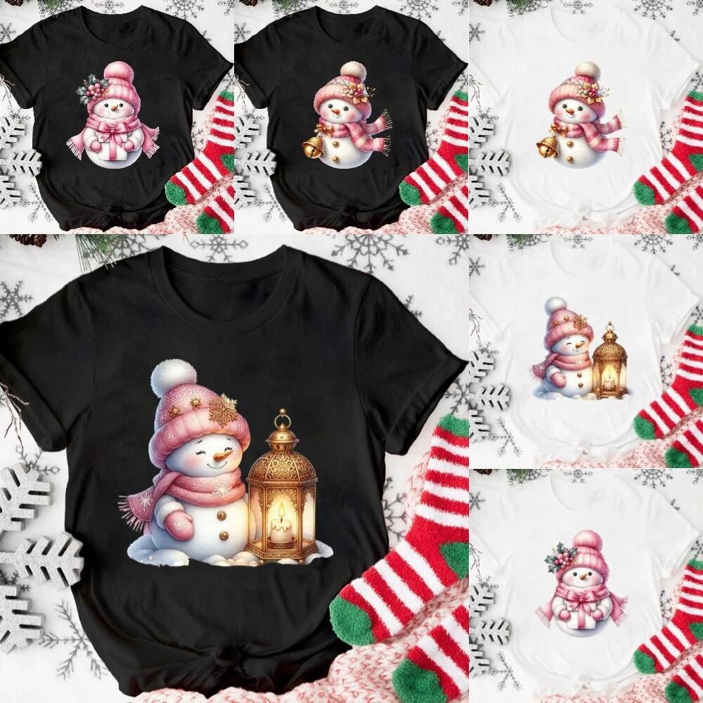 Ddmytues Christmas Pink Snowman T-Shirt Activities Tshirts Women Unisex Casual Tops White T-Shirt Graphic Tshirt Streetwear