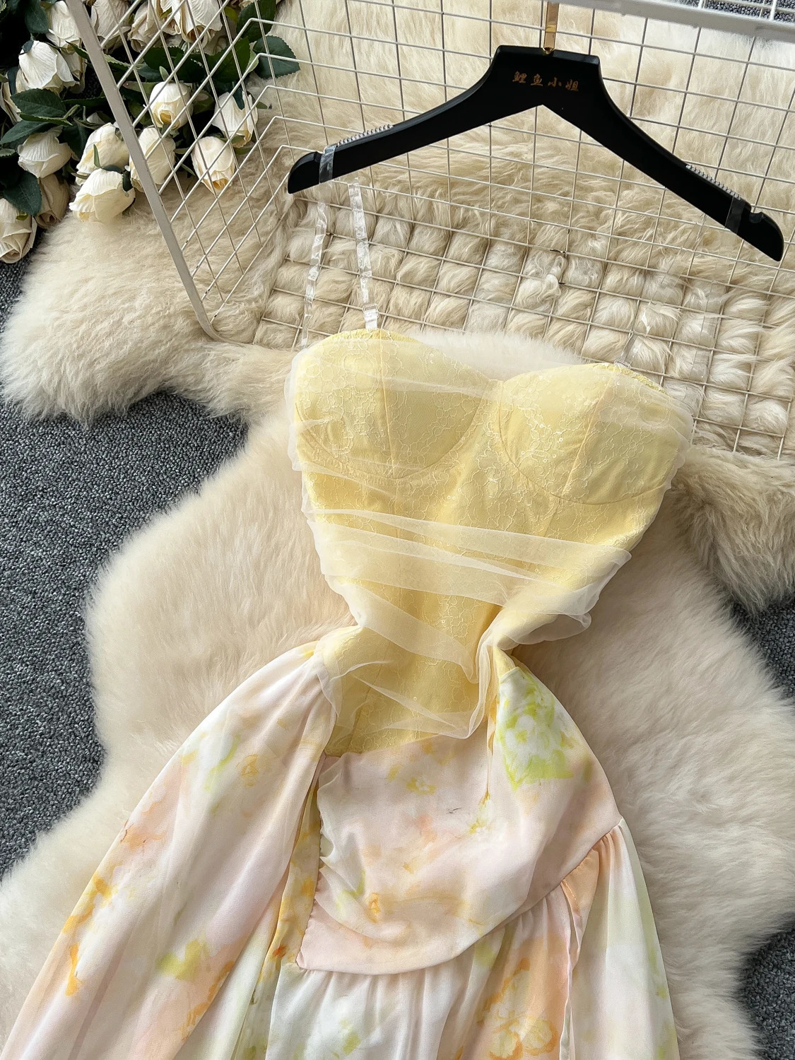 Holiday Yellow Beach Dress Women Summer Sequin Embroidery Mesh Stitching Irregular Printed Strapless Dresses Ladies Eleagnt Robe 250409