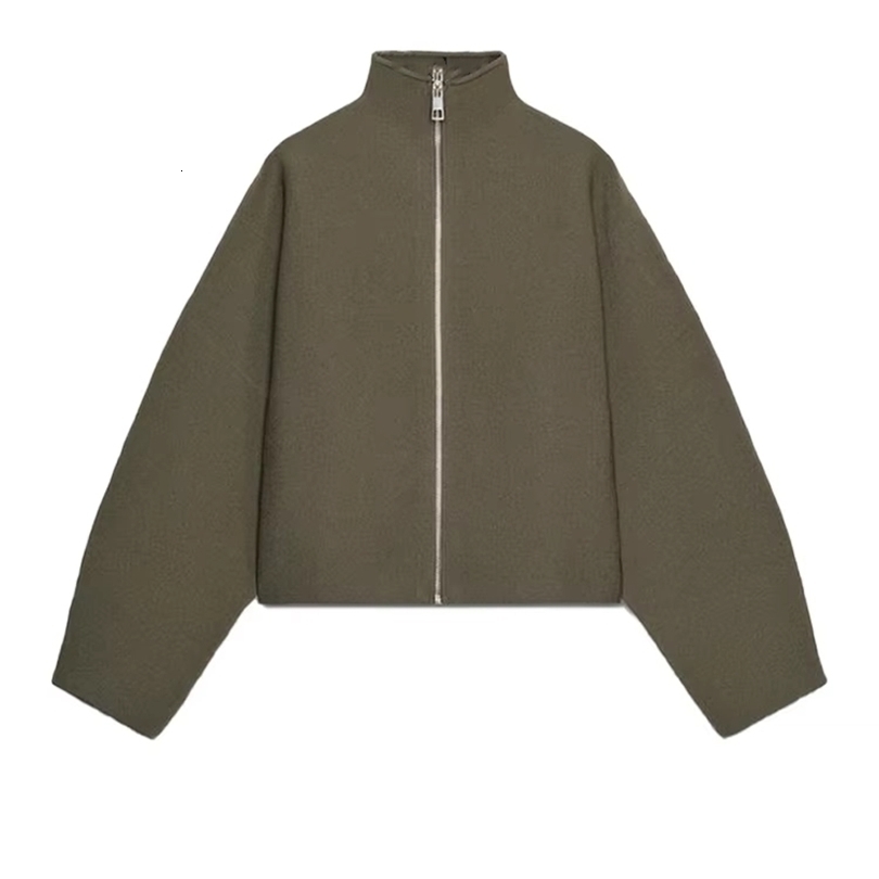 Olive Green Womens Short Coat High Neck Full Sleeve Zipper Up Oversized Cropped Jacket Autumn Female Daily Casual Outwear 251106