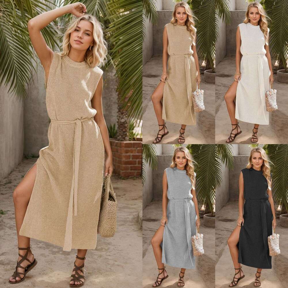 2024 Spring Autumn New European and American Solid Color Round Neck Bottom Knitted Skirt Fashion Commuter Split Dress for Women