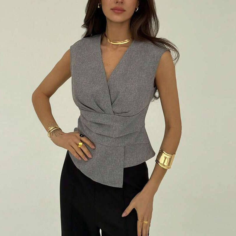 2025 European and American Cross-Border Independent Station Amazon Solid Color Small Vest Women's Elegant Sleeveless Waist-Cinching Pullover Top 