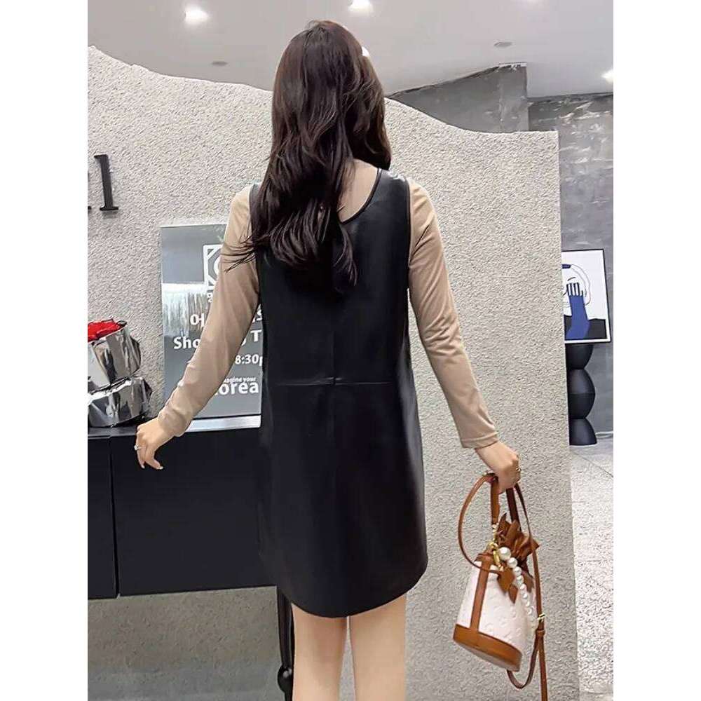 Women Genuine Leather Fashion Solid Color Loose Tank Straps Dresses Casual Sweet Lady Sleeveless Sheepskin A-Line Dress