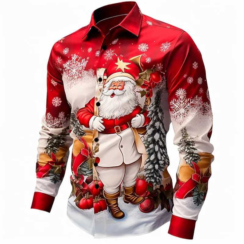 Christmas print shirt Santa Claus tree bell casual daily wear out autumn and winter lapel long sleeve dark red fast delivery K251110