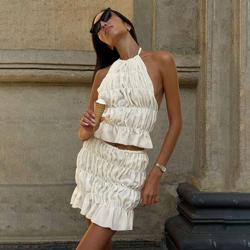 Womens Clothing 2025 New Fashionable and Sexy Solid Color Sleeveless Hanging Neck Backless Pleated Short Skirt Set Popular New Product New Arrival