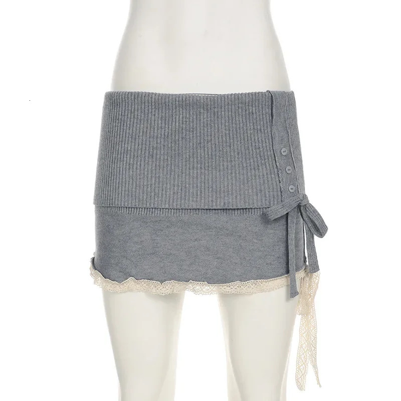 Y2K gray contrasting lace patch autumn knitted fabric Kawai body low waist sweater cute bottom female 250407