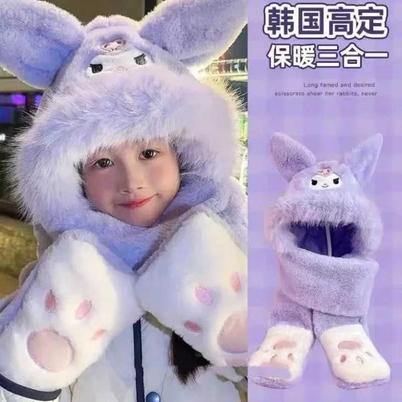 Sanrio Kuromi Anime Children Hat Scarf Gloves Cute Ins Kawaii Cinnamoroll Pochacco Ins Lovely Doll Fluffy Hat Gifts for Kids H251110
