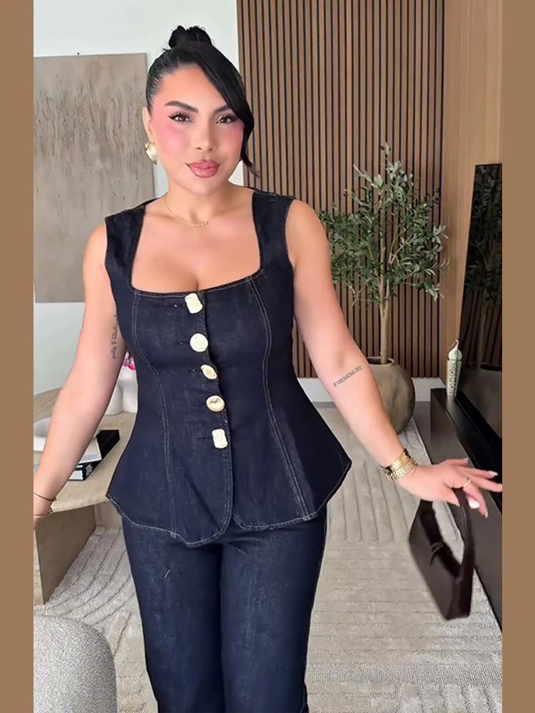 Street Denim Vest Pants Sets Women Square Collar Sleeveless Single Breasted Slim Tops High Waist Jeans 2025 Spring Lady Outfits 250408