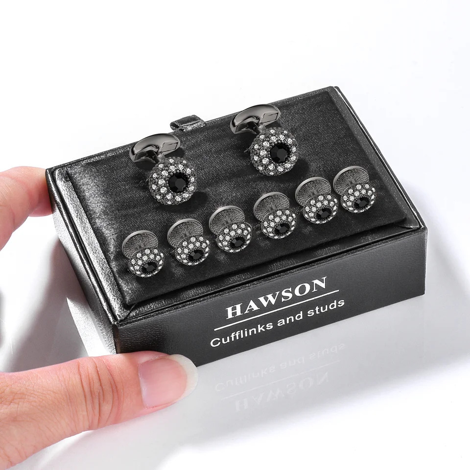 HAWSON Crystal Cufflinks and Studs for Men Tuxedo Collar Studs Cuff Links Set French Shirt Mens Jewelry cufflinks set 250409