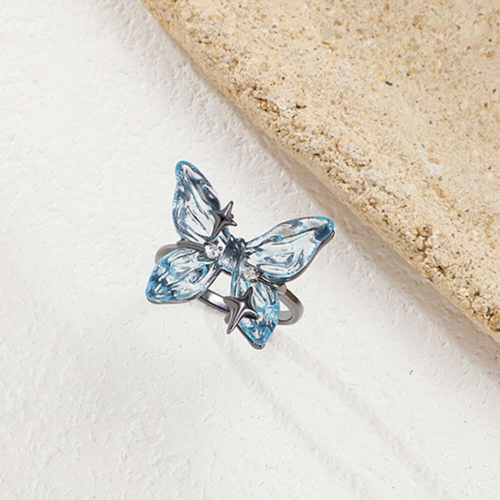 Blue Butterfly Ring for Women, Fairy Light Luxury, High-End Feel, Cold Style, Exquisite Adjustable Open Ring, Wholesale