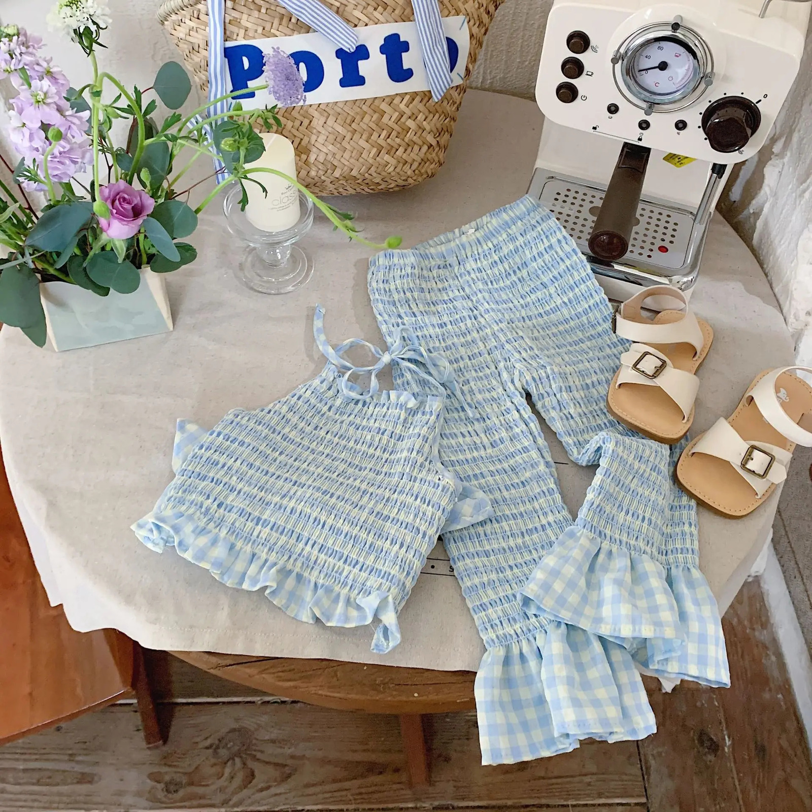 Summer 2-6 year old baby girl 2PCS clothing set sleeveless blue solid color sling elastic waist cotton pants set childrens clothing 250409