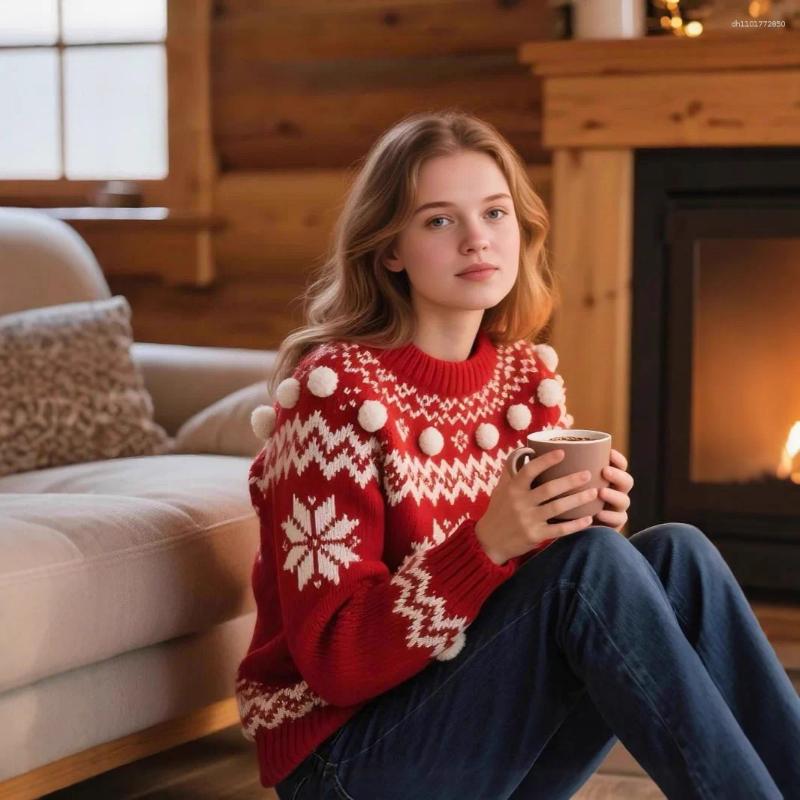 Women's Sweaters 2025 Christmas Sweater Atmosphere Hairball Contrasting Colors Autumn And Winter Crew Neck