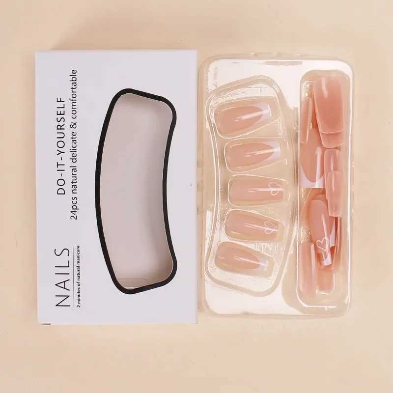 24 piece square pink French full set of fake nails - short coffin pressed on nails with love design for girls mothers nails art nails W250410