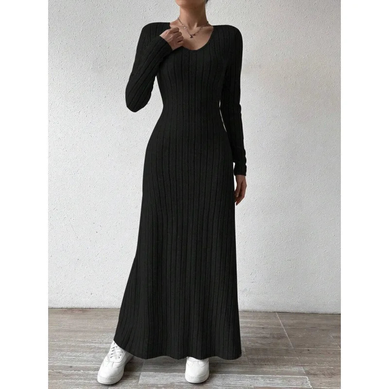 Fashionable Knitted Long Sleeve A Line Streetwear Dress For Women Smooths And Slims Your Silhouette Solid Color 251110
