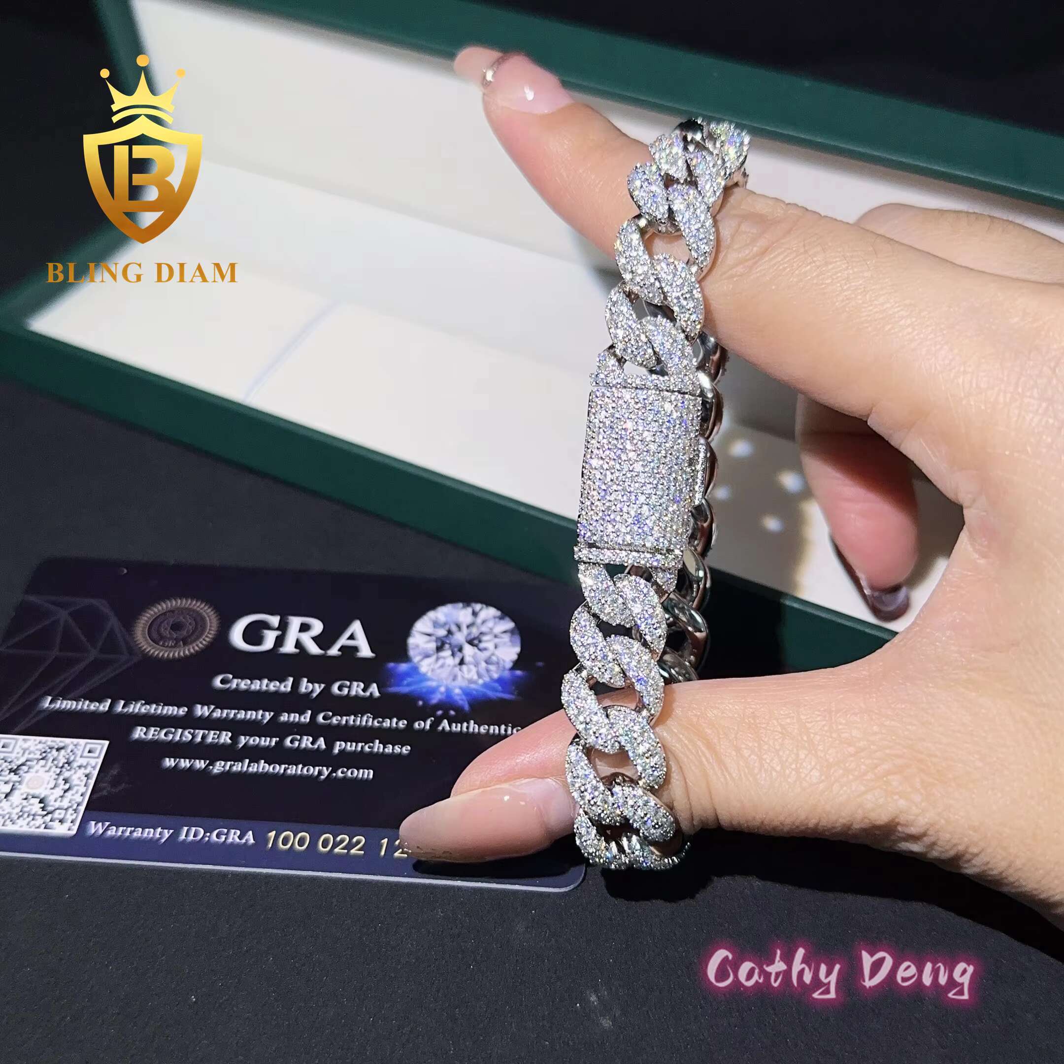 Hot Sale Hip Hop Bracelet 12mm Ice Out S925 Silver VVS Moissanite Diamond Cuban Link Chain Necklace Bracelet