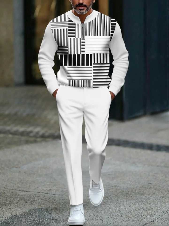 Mens Cross-Border Casual Two-Piece Set Stand Collar Half-Open Placket Top Pants Comfortable Breathable Perfect for Sports W251110