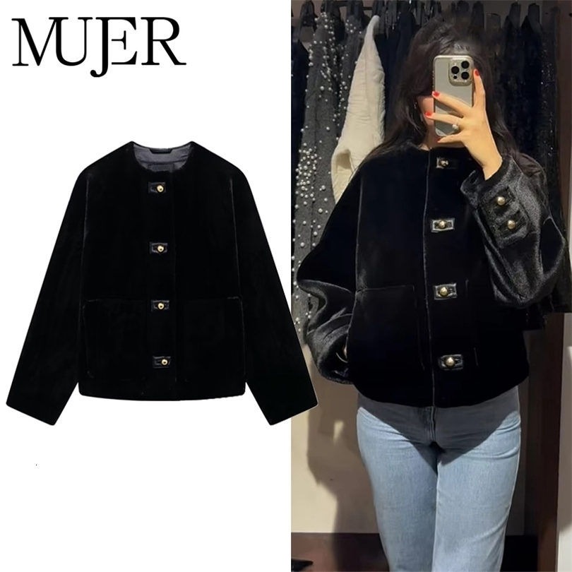 MUJER Black Faux Fur Jackets for Women Plush Demiseason Jacket Long Sleeve Winter Coat Female Warm Womens 251106